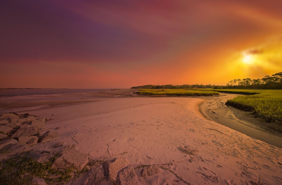 Big Talbot Island, Florida. Nassau County. Sunrise on the salt marshes.